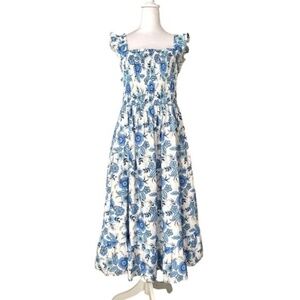 Haute Hippie Smocked Floral Midi Ruffled Dress